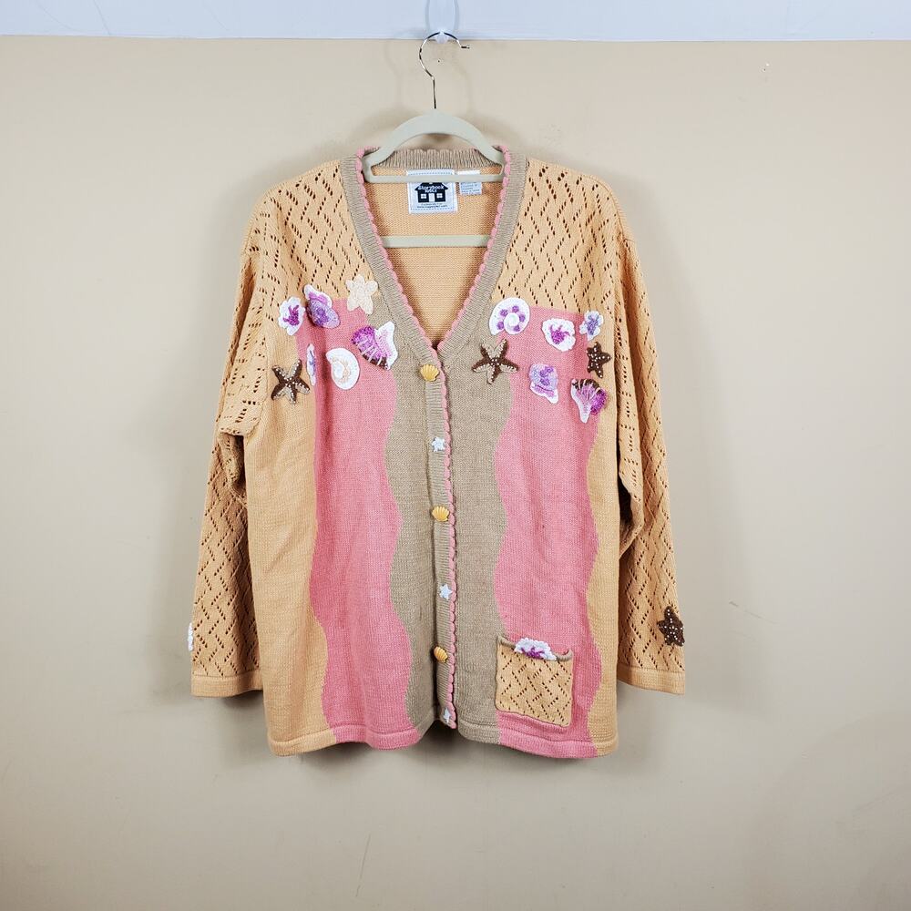 Storybook Knit Pastel Lightweight Cardigan with Crochet Shells Size 1X
